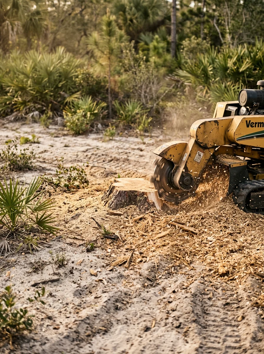 Stump grinding equipment working on sandy soil in Palm Bay, Florida