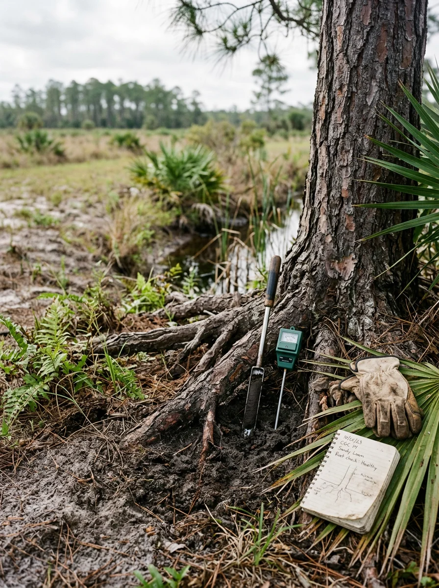 An arborist inspecting the base of a slash pine near a drainage canal on a Canaveral Groves, FL acreage property, checking for root rot and soil saturation damage.