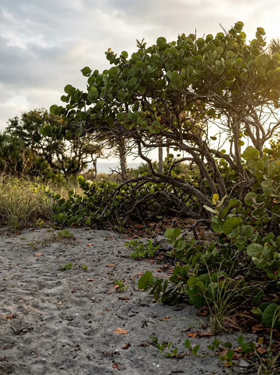 Barrier-island coastal landscape showing sandy soil, sea grape, and hurricane-exposed tree canopy in Indian River County