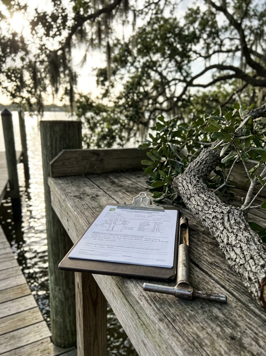 Close-up of a certified arborist inspecting a mature live oak canopy on a Melbourne, FL waterfront property for storm damage and structural defects.