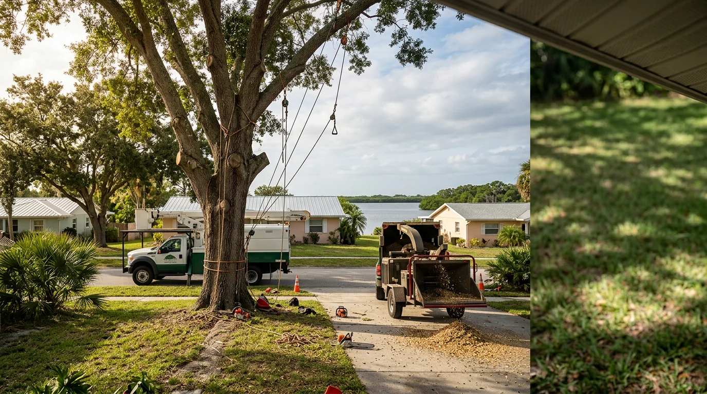 A tree crew performing a large oak removal in a Melbourne, FL residential neighborhood, with the Indian River Lagoon visible in the background.