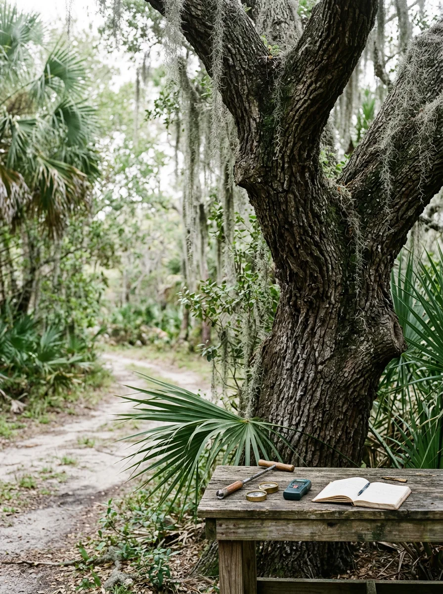 An arborist inspecting the trunk of a mature 1960s-era tree on a South Tropical Trail property in Merritt Island, FL, checking for internal decay near the waterline.