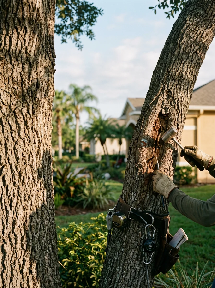 Certified arborist inspecting tree trunk for decay and structural damage, with hurricane-prone Orange County landscape in background.