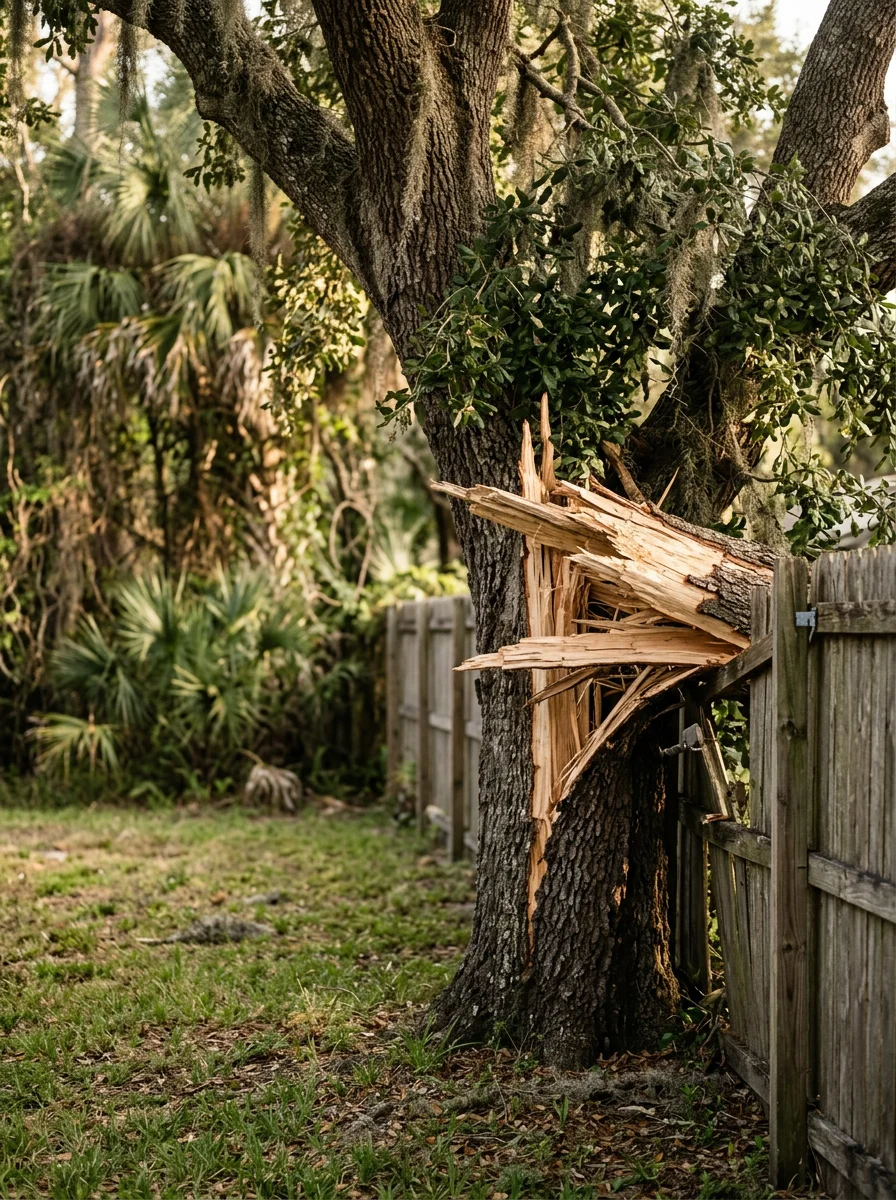 An arborist assessing a storm-damaged oak tree on a Palm Bay, FL property near Turkey Creek Sanctuary, with broken limbs resting against a fence.