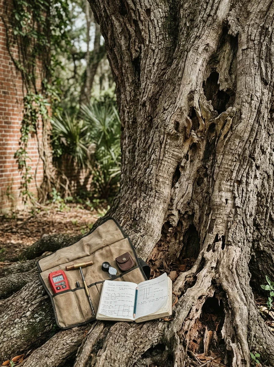 An arborist inspecting the base of a century-old tree on a Rockledge, FL estate property, checking for root decay and trunk cavities near the foundation.