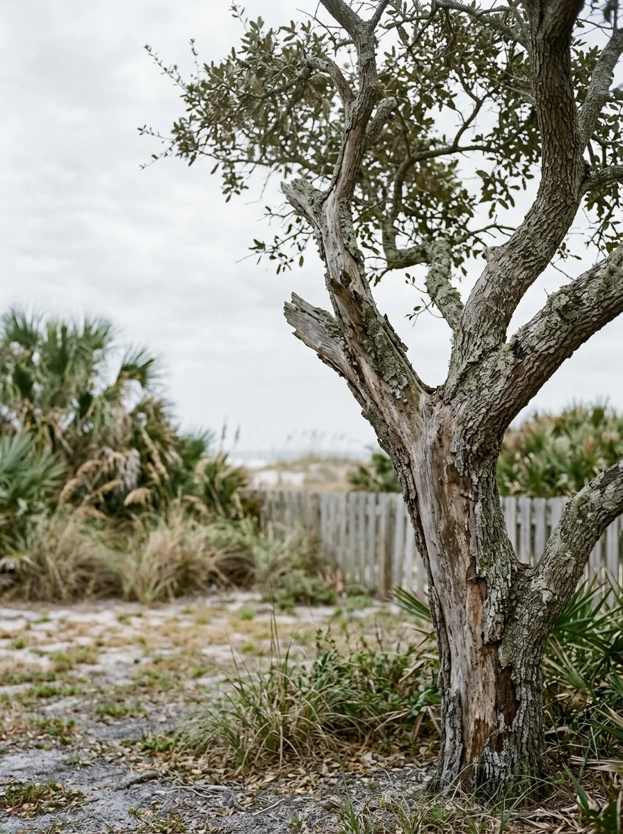 An arborist examining the windward side of a coastal tree on a Satellite Beach, FL property, showing salt spray damage and bark dieback facing the Atlantic Ocean.