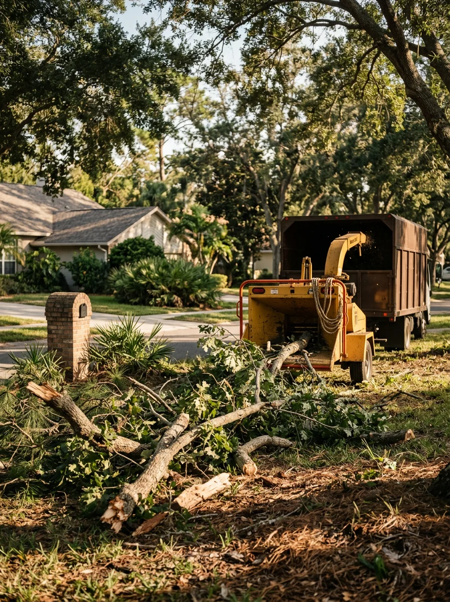 Storm-damaged tree limbs and debris scattered across Seminole County property after hurricane with emergency cleanup equipment