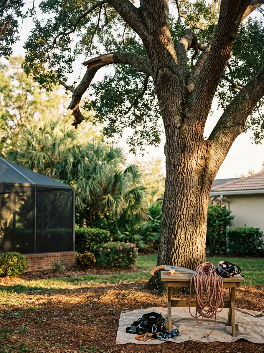 An arborist pruning a structurally compromised branch on a 1980s-era tree in a Suntree, FL subdivision, with established landscaping and a screened porch visible below.