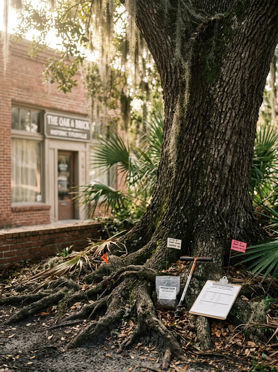 An arborist examining the base of a mature tree in Titusville's Historic Downtown neighborhood, checking for root decay and structural defects near the foundation.