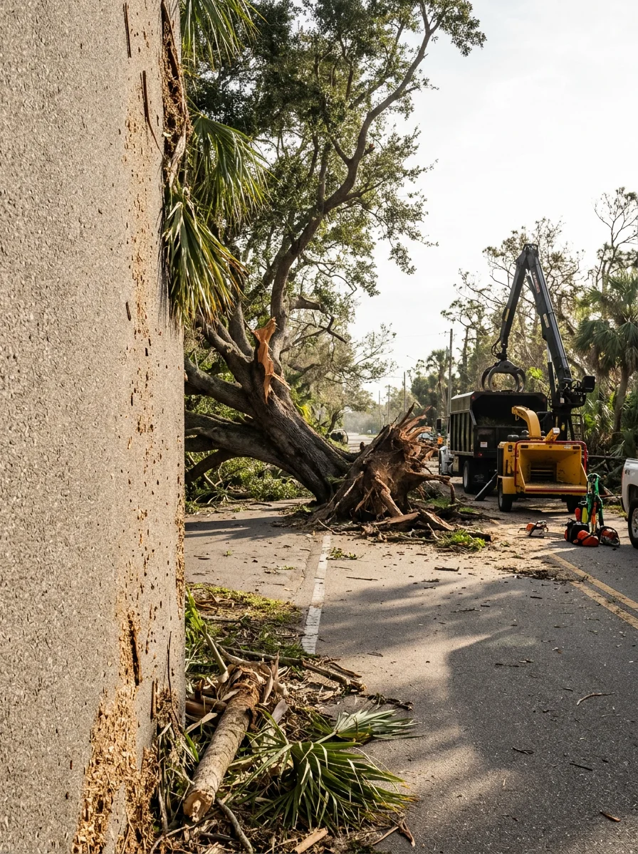 Storm debris and fallen trees blocking a Volusia County roadway after hurricane damage, with emergency cleanup equipment staged nearby