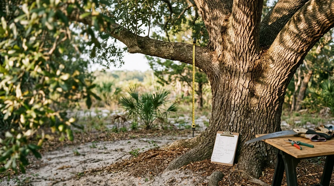 An arborist from Right Coast Tree Care examining the base and canopy of a large oak tree on a residential property in Melbourne, Florida. The tree stands near a home with sandy soil visible at the root zone and a coastal residential neighborhood in the background.