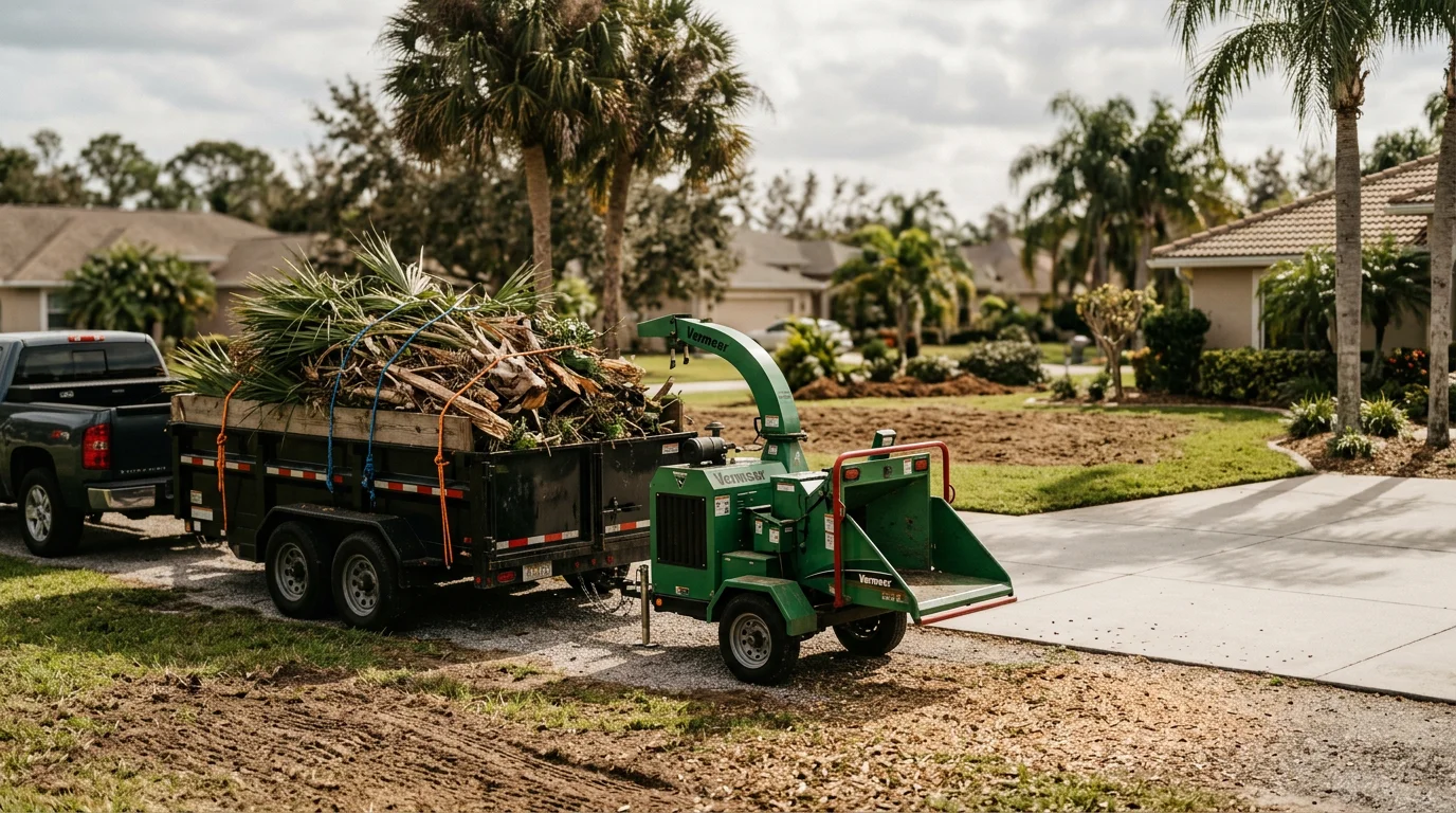 A cleared residential yard in Melbourne, Florida after professional tree debris removal, with no branches, logs, or palm fronds remaining on the lawn. A dump trailer is visible at the edge of the property, loaded with hauled tree waste.