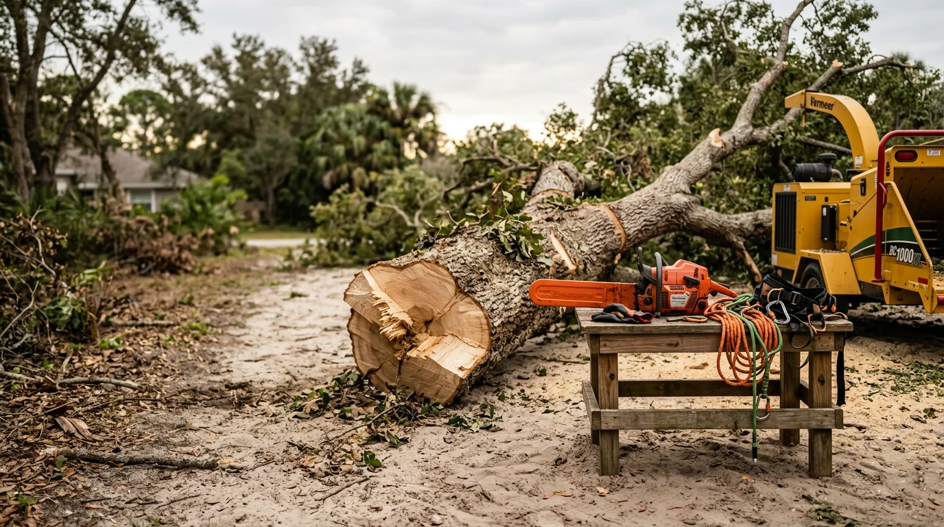 A large fallen oak tree lying across a residential backyard in Melbourne, Florida, with a Right Coast Tree Care crew sectioning the trunk near a wood fence. The surrounding lawn and fence remain undamaged as the removal work progresses.