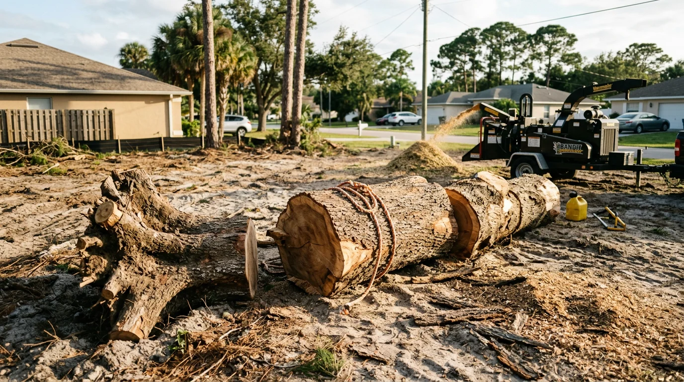 A large hazardous oak tree being removed in sections near a residential home in Melbourne, Florida. A crew member works from an elevated position while cut sections are lowered away from the roof and fence line.