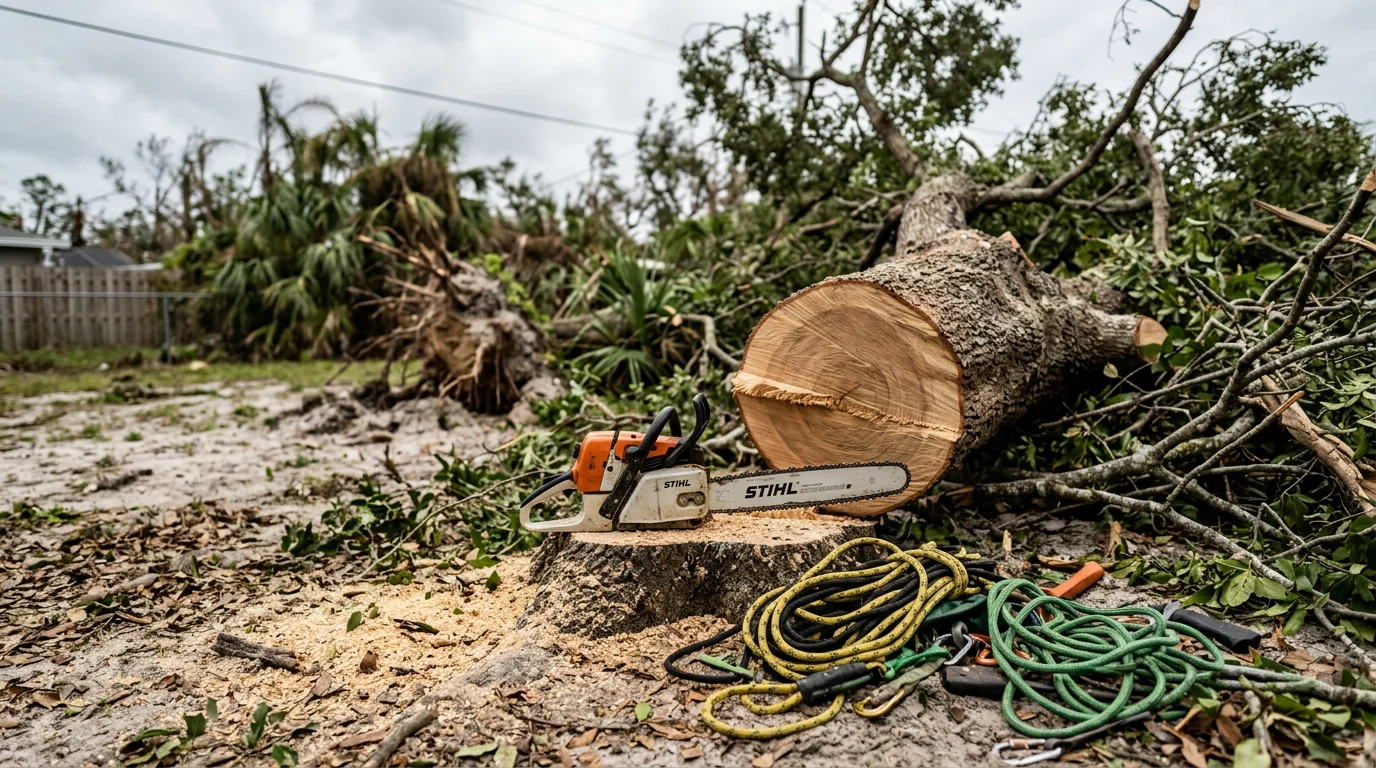 A storm-damaged yard in Melbourne, Florida with a split oak tree and scattered branches cleared by a tree crew. A residential driveway is visible in the background, now accessible after storm cleanup work.