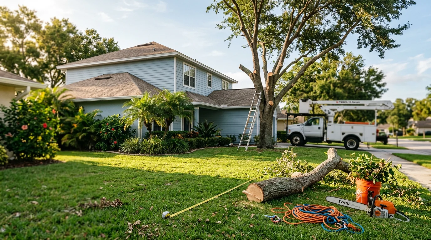 A tree crew trimming overhanging oak branches away from a residential roofline in Melbourne, Florida ahead of hurricane season. Limbs are being lowered safely to the ground in a suburban Brevard County yard.