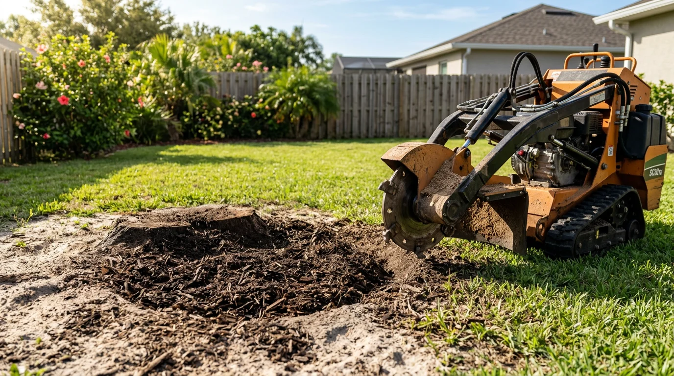 A freshly ground tree stump in a Melbourne, Florida residential yard, with wood chip mulch filling the area and surrounding grass left intact. The cleared ground is level and ready for sod or new landscaping.