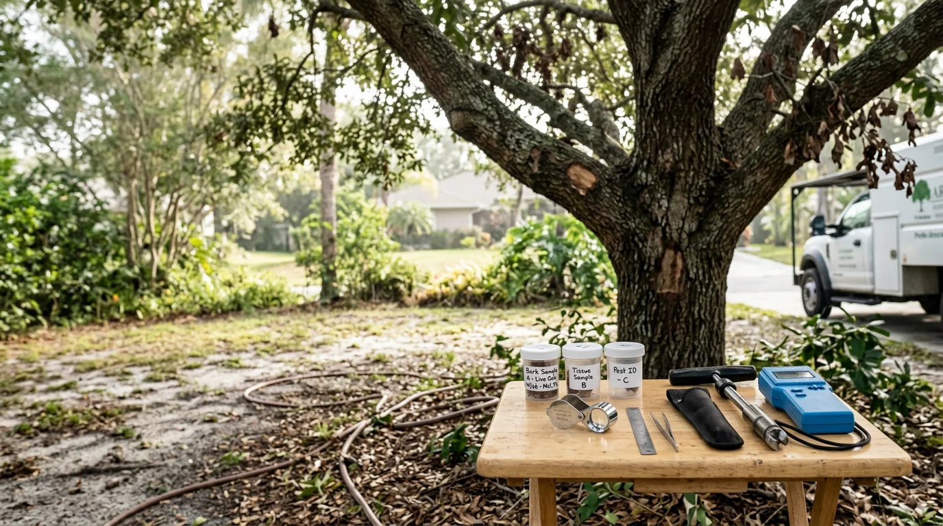 An arborist from Right Coast Tree Care examining the trunk and canopy of a declining tree in a Melbourne, Florida residential yard. Close-up view shows bark discoloration and early signs of fungal growth consistent with common Brevard County tree diseases.