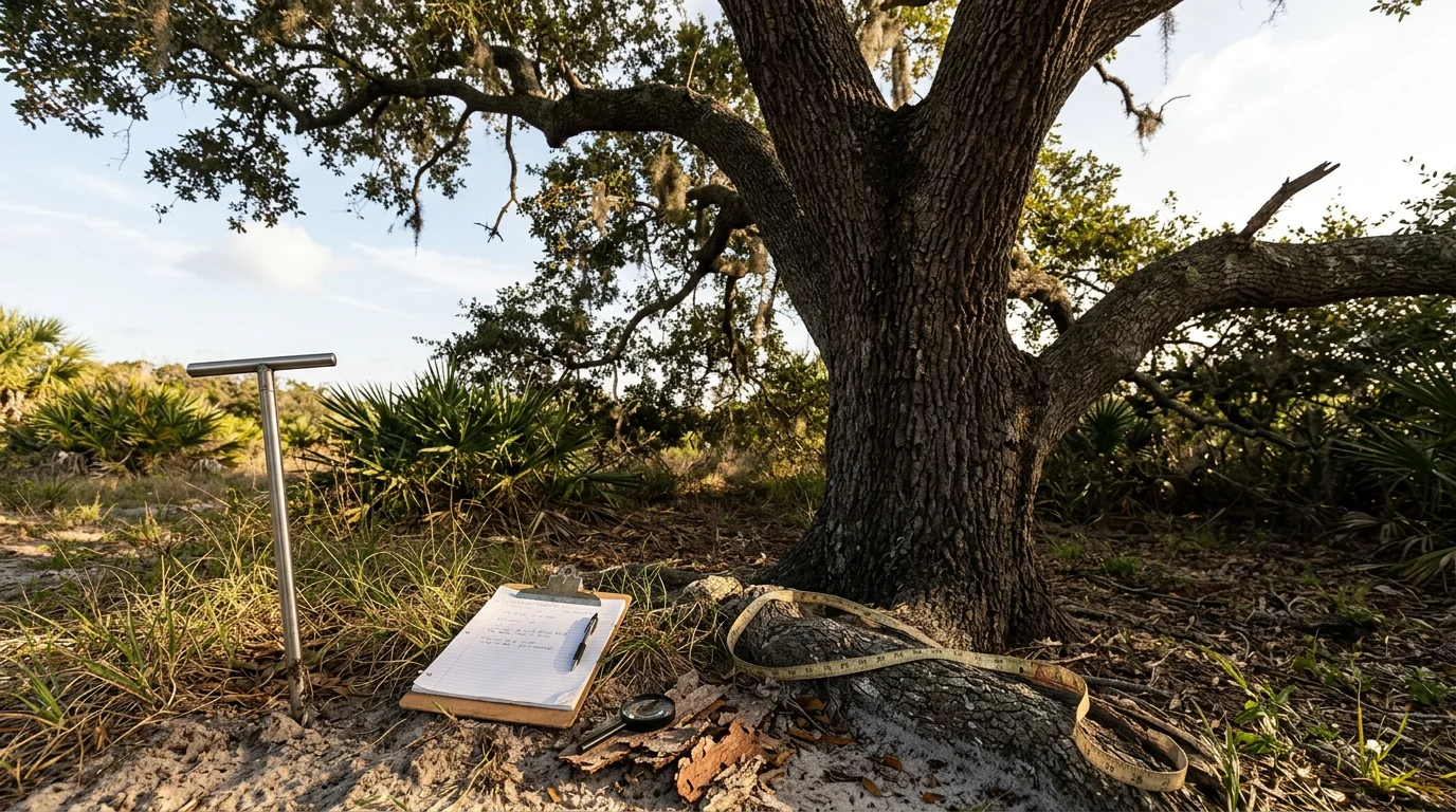 An arborist from Right Coast Tree Care examining the trunk and canopy of a mature tree on a residential property in Melbourne, Florida. The inspection focuses on bark condition and branch structure typical of Brevard County's coastal landscape.