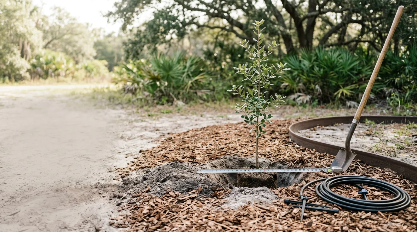 A freshly planted live oak tree in a residential yard in Melbourne, Florida, with sandy soil visible around the base and a clear blue sky overhead. A tree care crew member packs soil around the root ball during a professional tree planting service.