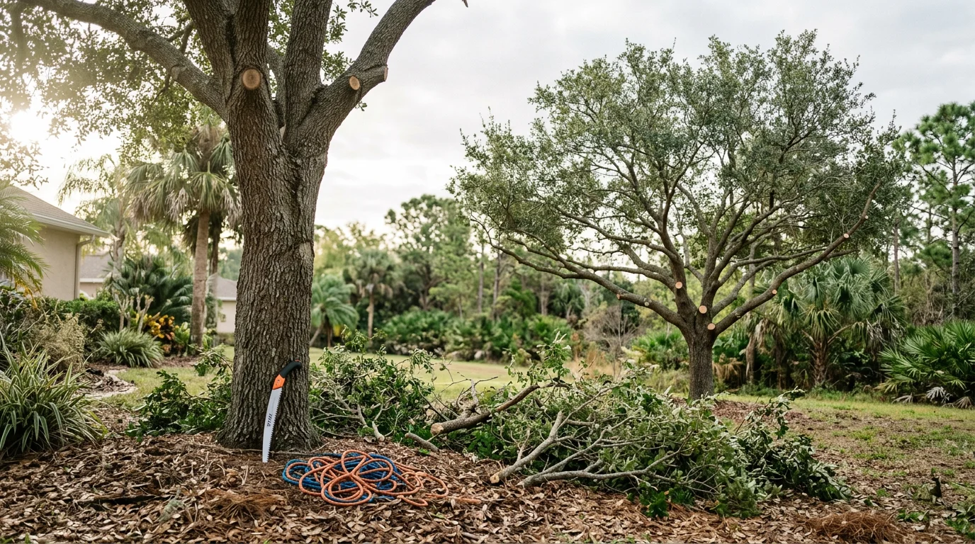 A mature oak tree in a Melbourne, Florida residential yard after professional pruning, with a clean open canopy and no overhanging limbs near the roofline. A Right Coast Tree Care crew member is visible on the ground reviewing the finished work.