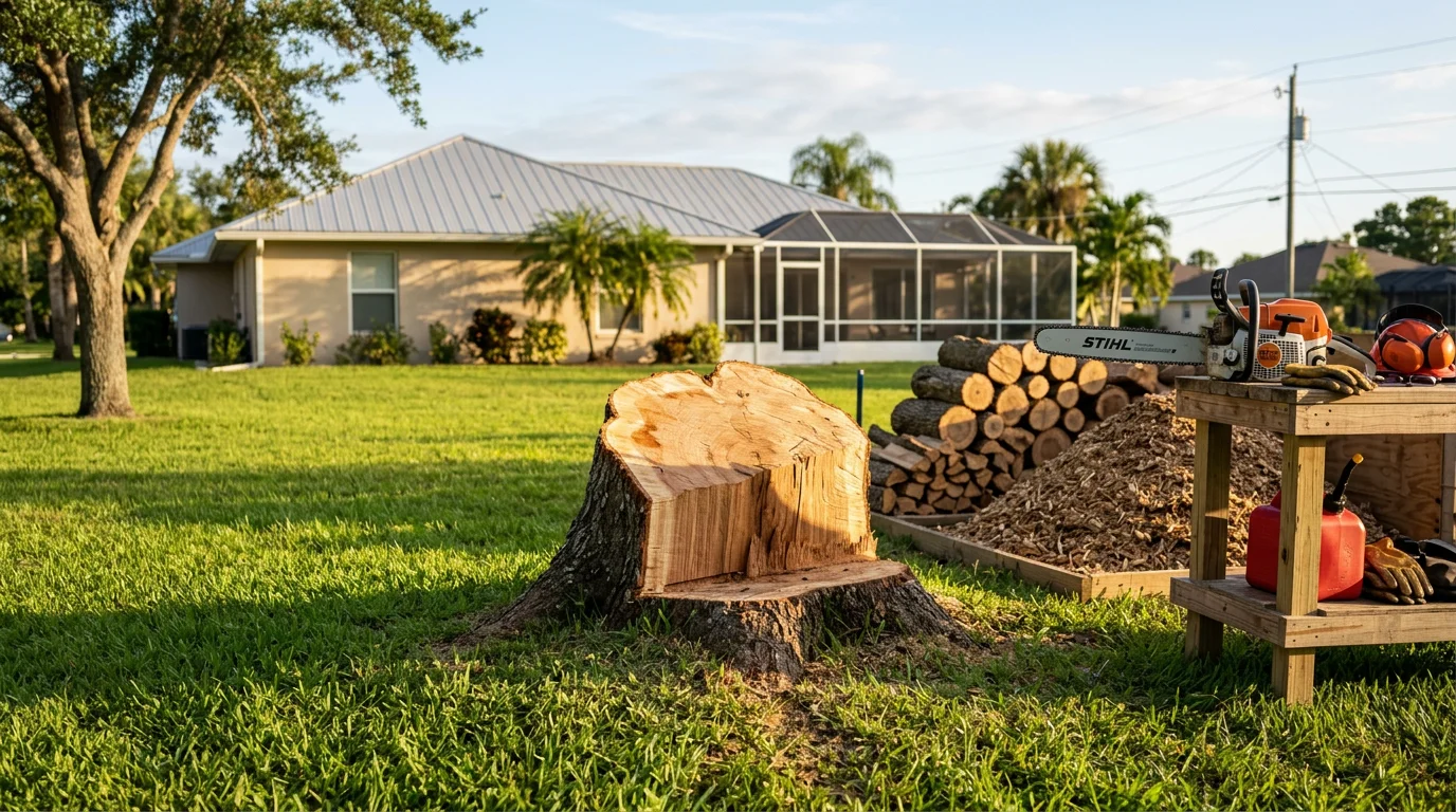 A large tree being removed in sections in a residential backyard in Melbourne, Florida, with cut wood on the ground and a cleared area near the home's roofline.