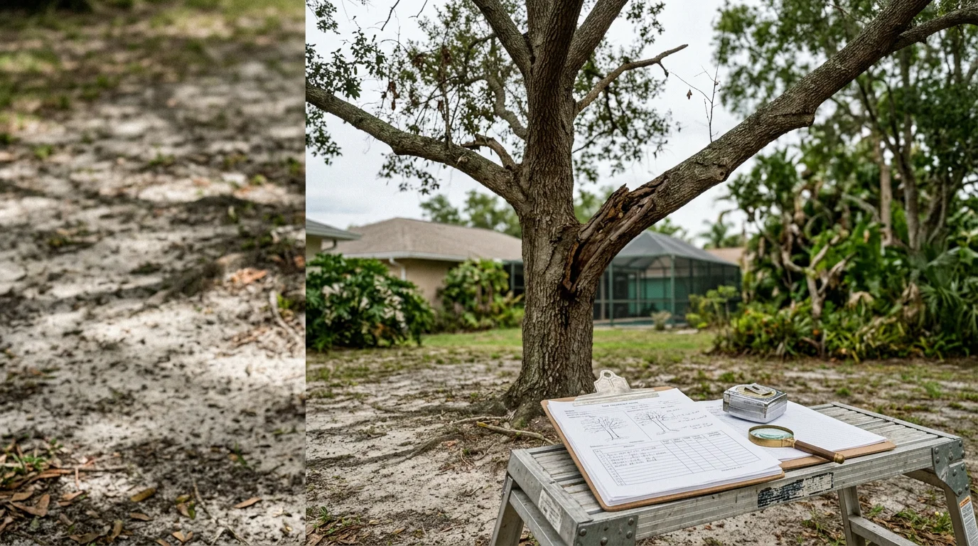 An arborist from Right Coast Tree Care examining the trunk and root zone of a large shade tree on a residential property in Melbourne, Florida. The evaluation targets visible structural defects and canopy condition near the home's roofline.