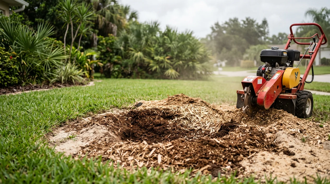 A freshly ground tree stump in a Melbourne, Florida residential yard, with wood chip mulch filling the void and surrounding grass intact. The level surface shows a cleared area ready for new landscaping.