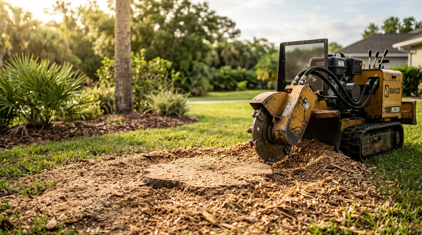 A freshly ground tree stump in a Melbourne, Florida residential yard, with the surface leveled below grade and wood chip material filling the cleared area. The surrounding lawn and driveway remain undisturbed after the stump removal service.