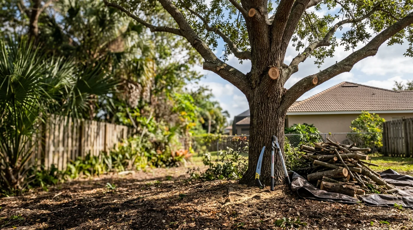 A tree care crew trimming overhanging branches from a large shade tree next to a single-family home in Melbourne, Florida. Freshly cut limbs are visible on the ground with the cleared roofline in the background.