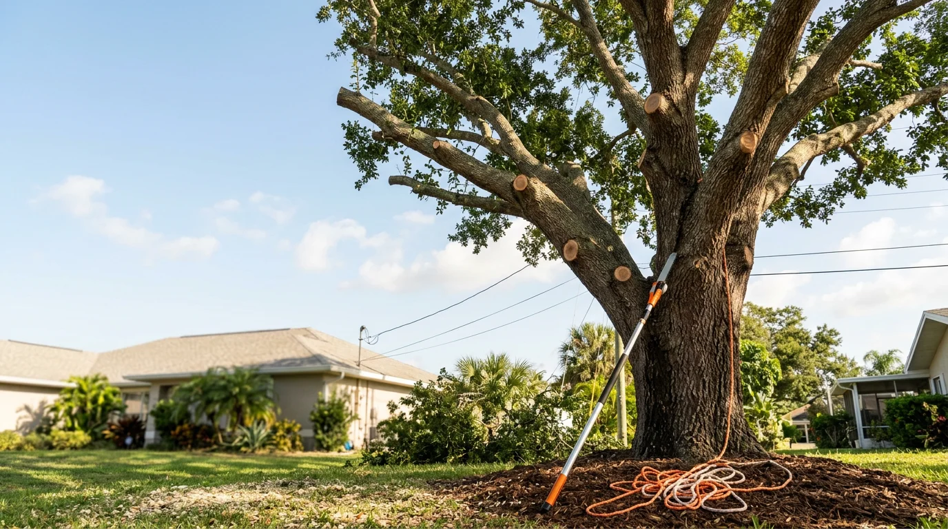 A tree trimmer from Right Coast Tree Care removing overgrown limbs from a mature shade tree near a residential roofline in Melbourne, Florida. The trimmed canopy is open and balanced, with the home and yard visible below.